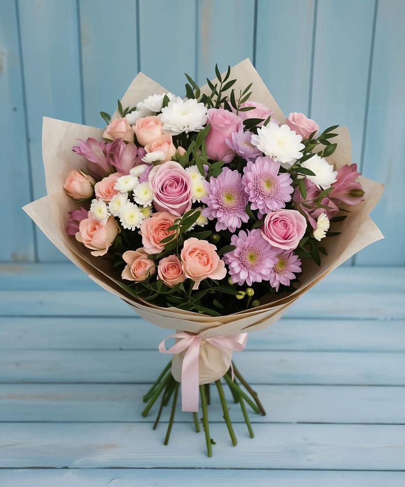 Букет цветов из: Хризантемы, Розы и Альстромерии в Тиликтино