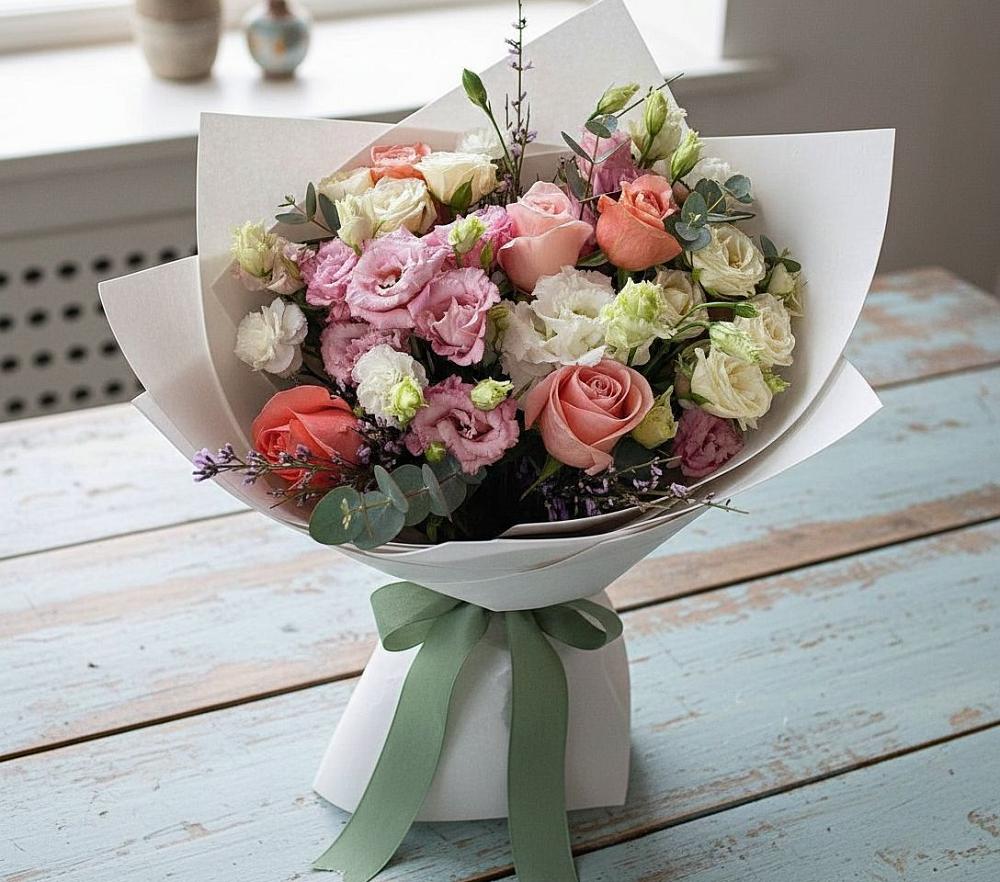 Букет цветов из: Розы, Лизиантусы и Гвоздики в Тиликтино