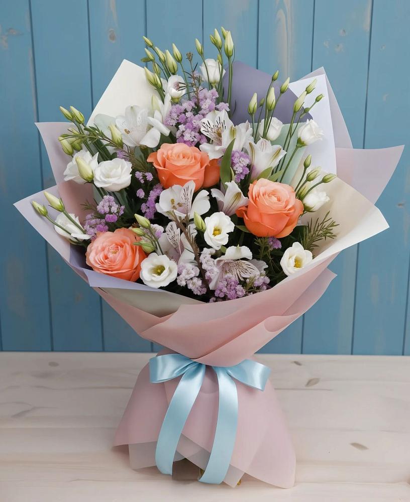 Букет цветов из: Лизиантусы, Розы, Альстромерии и Гипсофила в Тиликтино