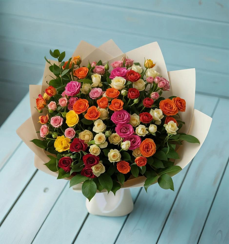 Букет Микс из разноцветных кустовых роз в Тиликтино