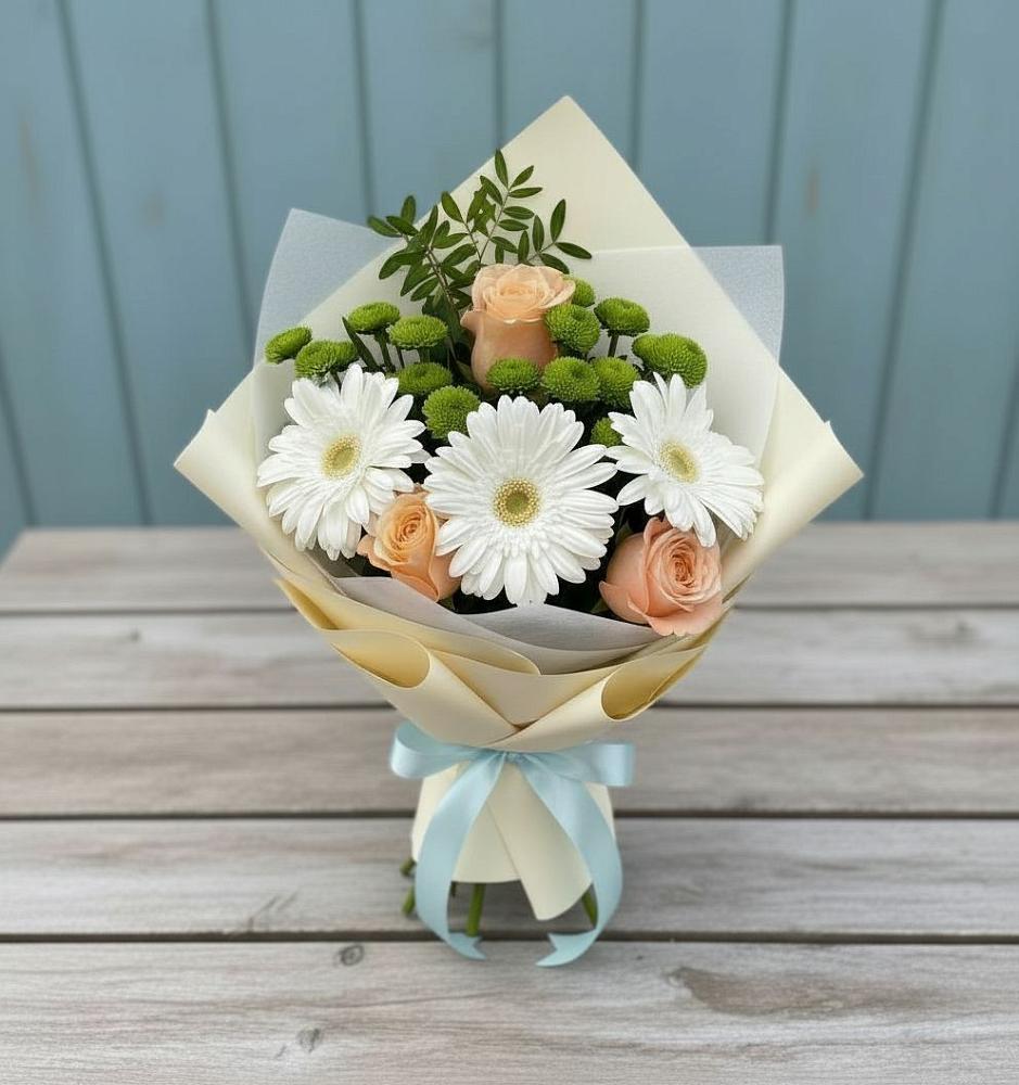 Букет цветов из: Герберы, Розы и Хризантемы в Тиликтино